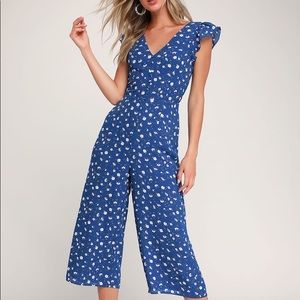 Lulus Blue Floral Print Ruffled Culotte Jumpsuit